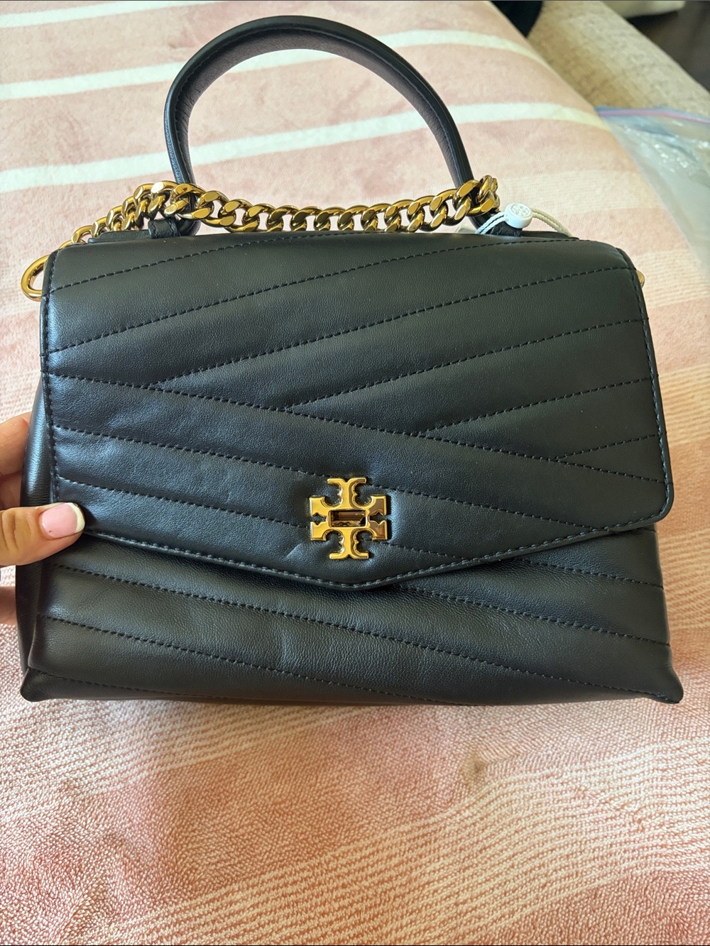 Tory Burch Black Quilted Leather Top-Handle Satchel with Gold Chain and Logo